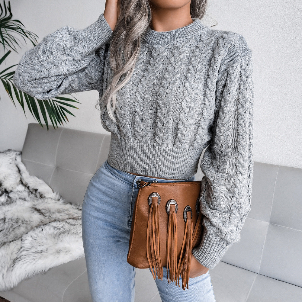 Autumn Winter 2022 Solid Color Twist Knitted Long Sleeve round Neck Cinched Waist Pullover Sexy Sexy Sweater for Women