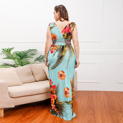 Bohemian Style Ice Silk Printed Midi Skirt Seaside Holiday Beach Dress plus Size V-neck Dress