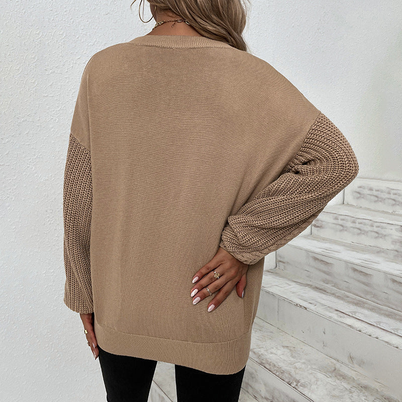Solid Color round Neck Cable-Knit Sweater 2022 Autumn Winter Lantern Sleeve Sweater for Women