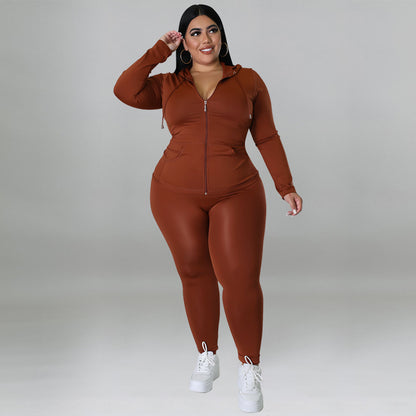 Plus Size Women Clothing Solid Color Autumn Pocket Cap Long Sleeve Trousers Casual Set