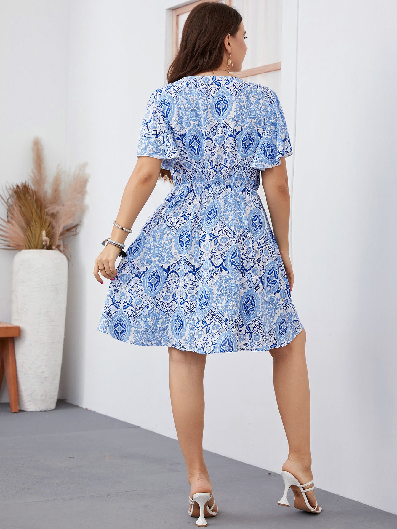 Summer Printed Blue Bottoming Hollow Out Cutout over the Knee Temperament Commute Swing plus Size Dress Elegant Trench Coat