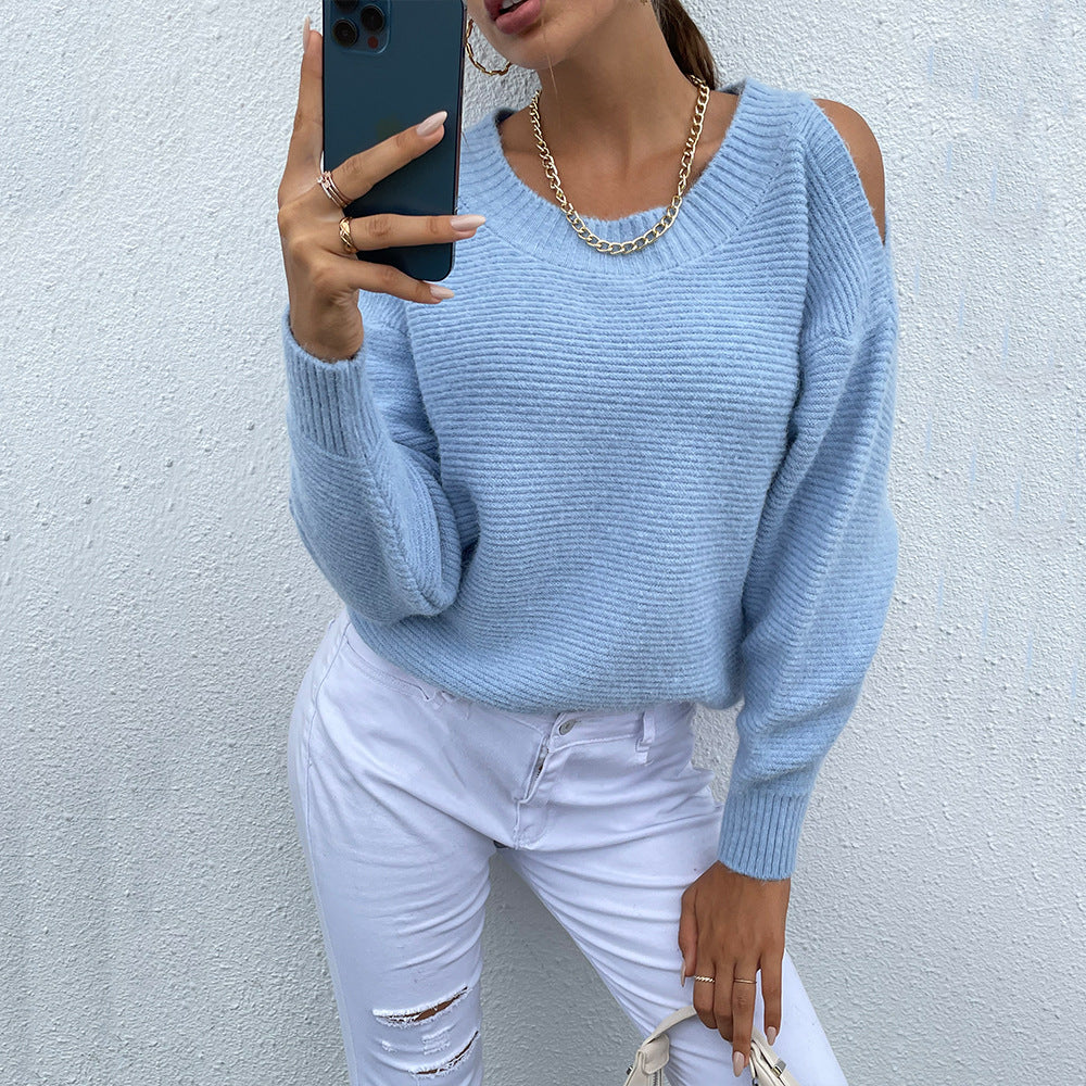 Autumn Winter  Women Clothing round Neck Pullover Fashion Shoulder-Baring Solid Color Women Knitted Sweater