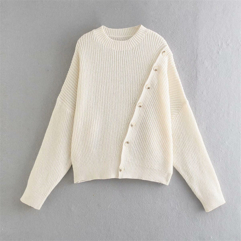 Women Autumn  Style Fashion Button round Neck Long Sleeve Sweater Simple Pure Color Slimming Top