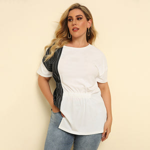 Women  Urban Casual round Neck Striped Stitching Irregular Hem Long Short-Sleeved T-shirt