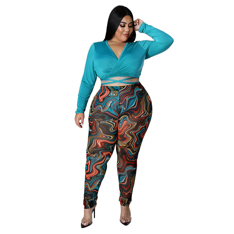 Casual V-neck Skinny Versatile Top Pants Plus Size Tight Two-Piece Suit