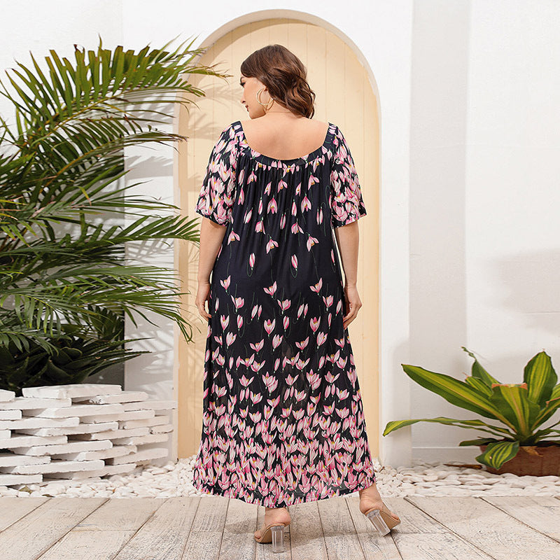 Plus Size Women Loose Home Wear Short Sleeve Dress Floral Print Maxi Dress