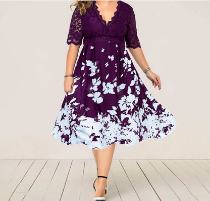 Dress Printed V-neck Lace Stitching Banquet Party plus Size Women Clothing Dress
