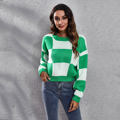 Chessboard Plaid Drop-Shoulder Long-Sleeve Short Loose Knitted Sweater Women  Plaid