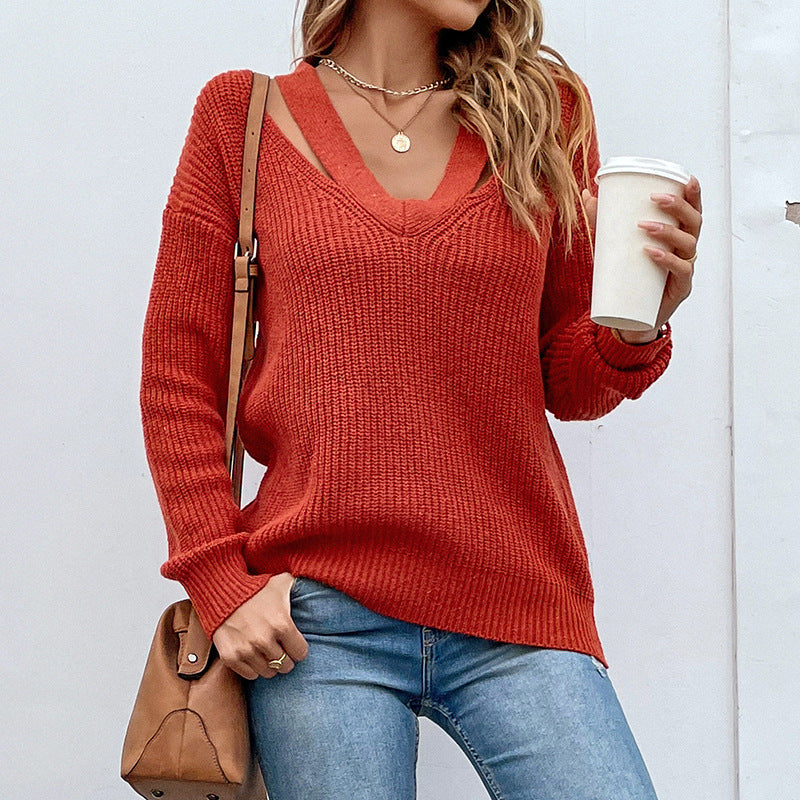 Solid Color V-neck Pullover off-Shoulder Sexy Knitwear 2022 Autumn Winter Sweater for Women