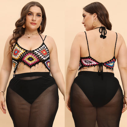 Plus Size Women Clothes Women Top Pure Hand Crocheting Random Color Stitching Pendant Banded Bikini Crochet Patchwork Macthing