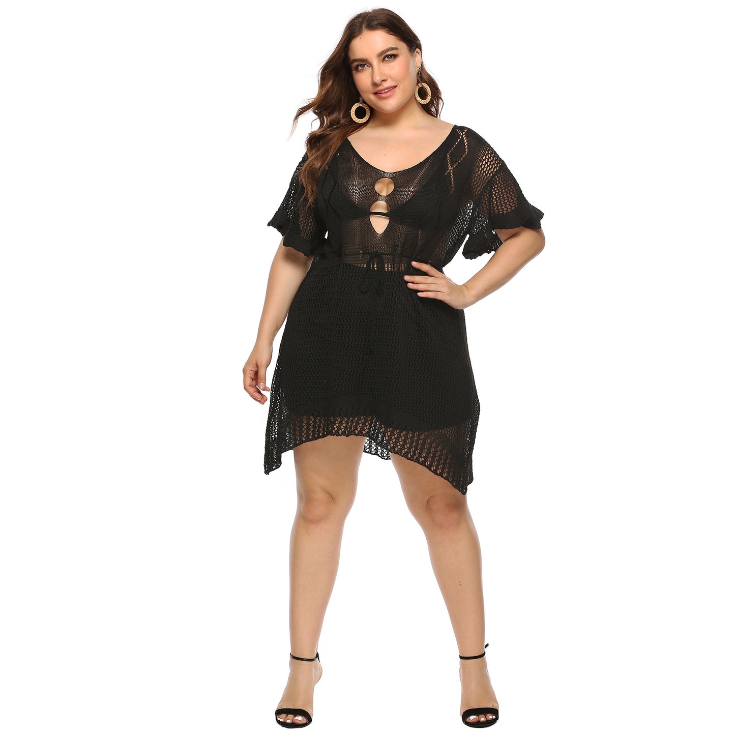 Plus Size Women Clothes Irregular Hollow-out Sexy See-through Woven Wooden Ear Beach Dress Crochet