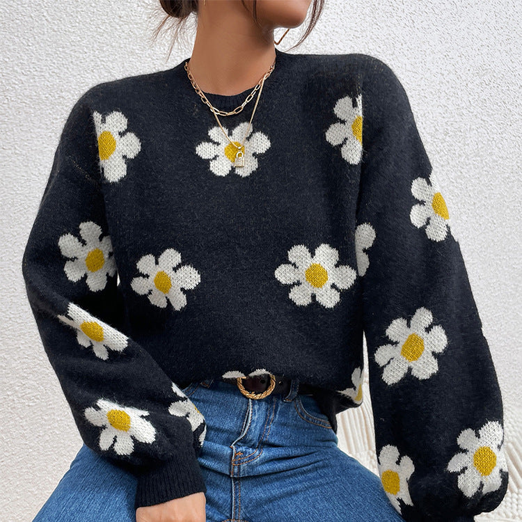 Autumn Winter Pullover Sweater Women Short Top 2022 Preppy Style Floral Knitted Coat Loose