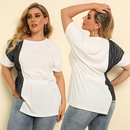Women  Urban Casual round Neck Striped Stitching Irregular Hem Long Short-Sleeved T-shirt