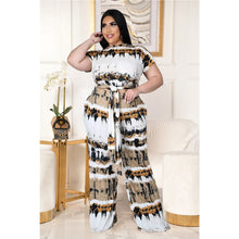 Load image into Gallery viewer, Plus Size Women  Clothes Printed Lace up Double Pocket Comfortable Wide Leg Pants Two-Piece Set