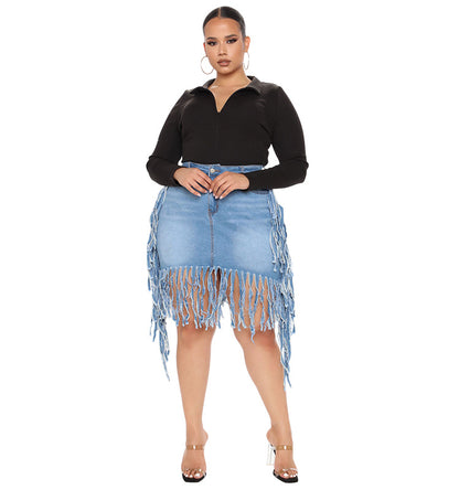 Plus Size Women Clothes Spring  Denim Skirt with Tassel
