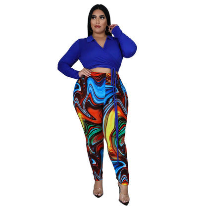 Fashion plus Size Women  Nightclub Printing Lapel Strap plus Size Two-Piece Suit