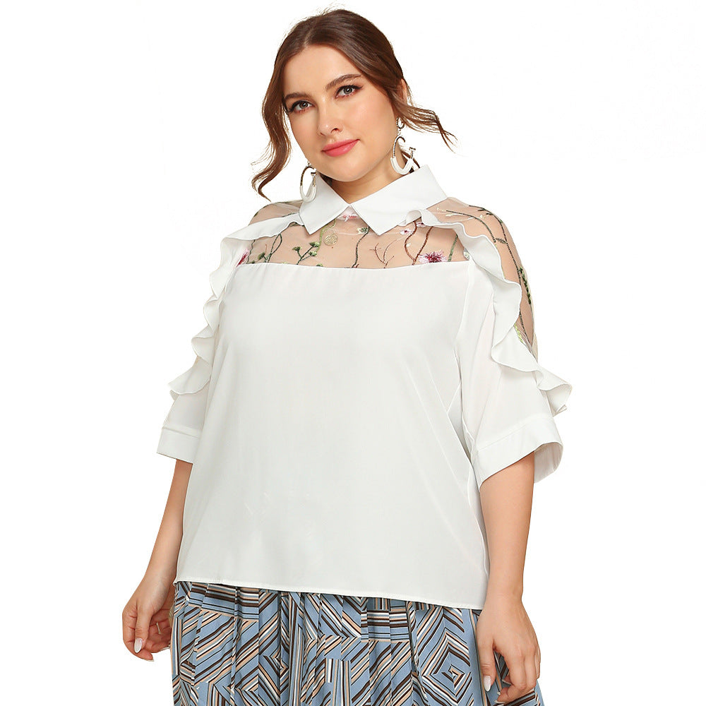 plus Size Women Clothing Elegant Lapel See-through Embroidered Stitching Wooden Ear Half Sleeve Shirt