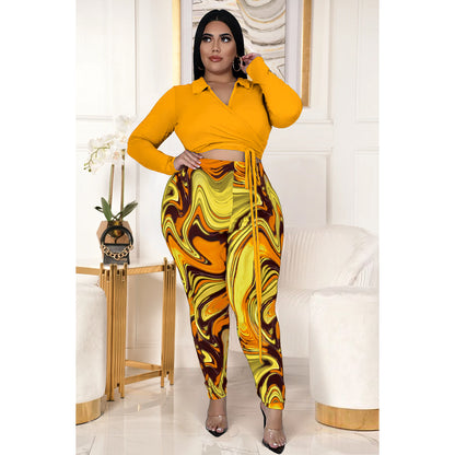 Fashion plus Size Women  Nightclub Printing Lapel Strap plus Size Two-Piece Suit