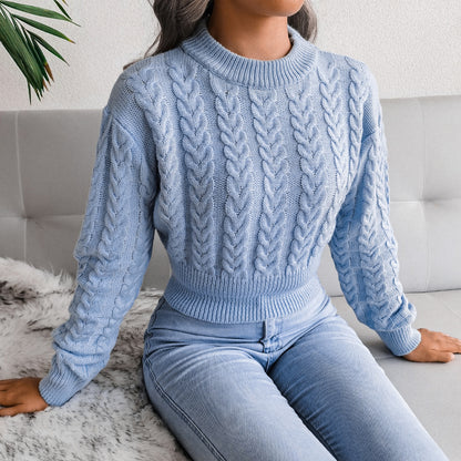 Autumn Winter 2022 Solid Color Twist Knitted Long Sleeve round Neck Cinched Waist Pullover Sexy Sexy Sweater for Women