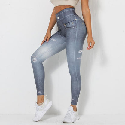 New Digital Printing Denim Blue Tight High Elastic Quick-Drying Yoga Pants Sports Running Fitness Pants for Women