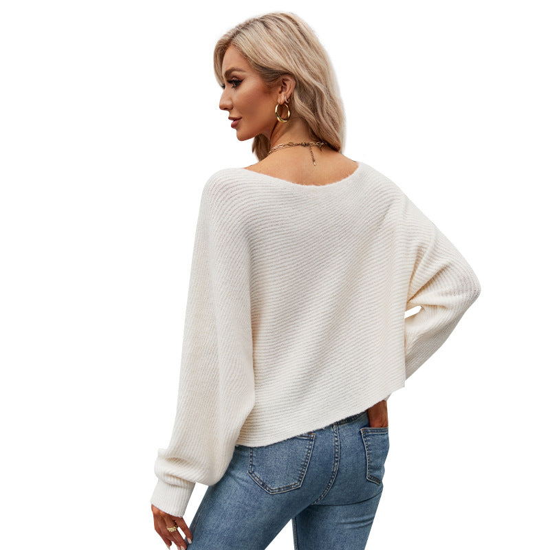 Sweater Women Autumn Winter  Sexy Shoulder-Baring Sweater Solid Color Loose Batwing Sleeve Knitted Top