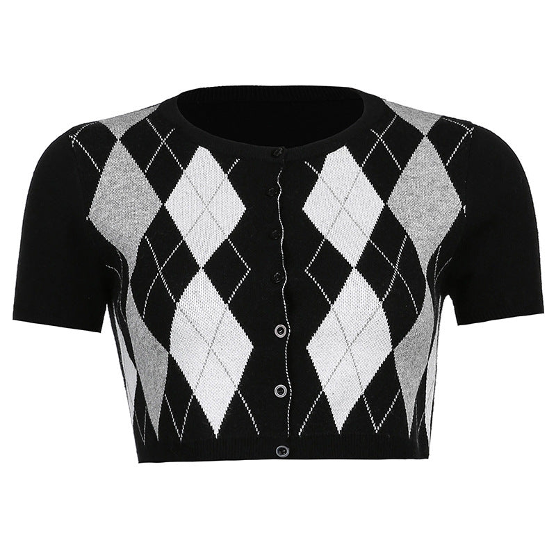 Spring Tight Cropped Woolen Top Rhombic Woolen Short Sleeve Breasted All-Match Bottoming Shirt