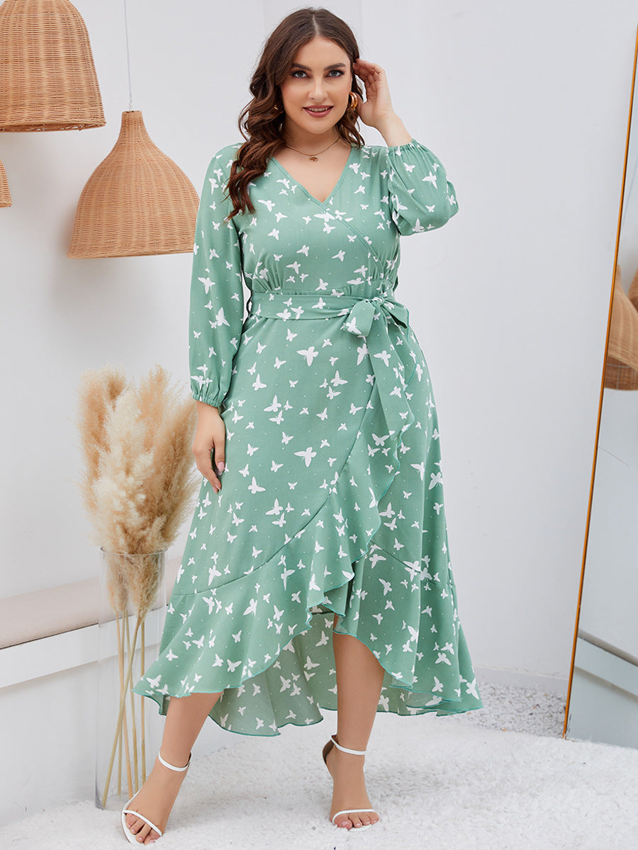 Ladies Autumn Sping Casual Dress Butterfly Print Ruffled Hem Long Sleeve Tied V-neck plus Size Dress