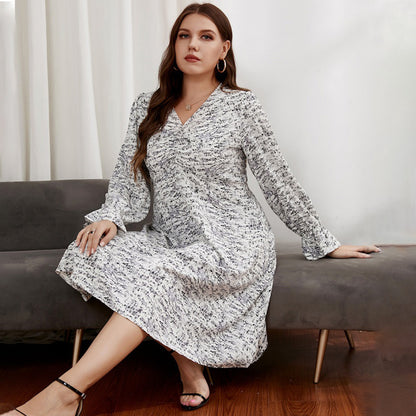 Women  Clothing 2022 Spring Autumn  New V-neck Long Sleeve Loose Slimming Belly-Covered Plus Size Dress