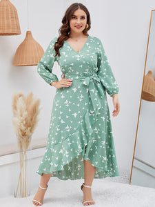 Ladies Autumn Sping Casual Dress Butterfly Print Ruffled Hem Long Sleeve Tied V-neck plus Size Dress