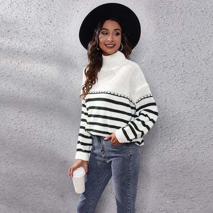 Big Brand  Same Style Striped Stitching Drop Shoulder Turtleneck Knitting Sweater Women  Loose Autumn Winter New Women  Clothing