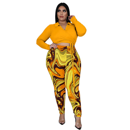 Fashion plus Size Women  Nightclub Printing Lapel Strap plus Size Two-Piece Suit