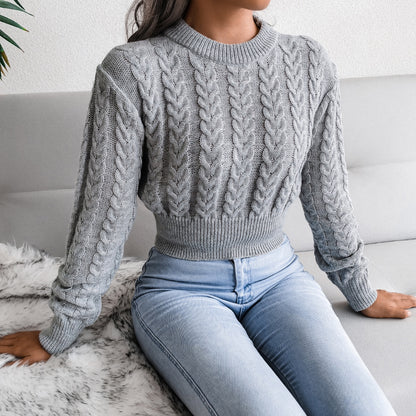 Autumn Winter 2022 Solid Color Twist Knitted Long Sleeve round Neck Cinched Waist Pullover Sexy Sexy Sweater for Women