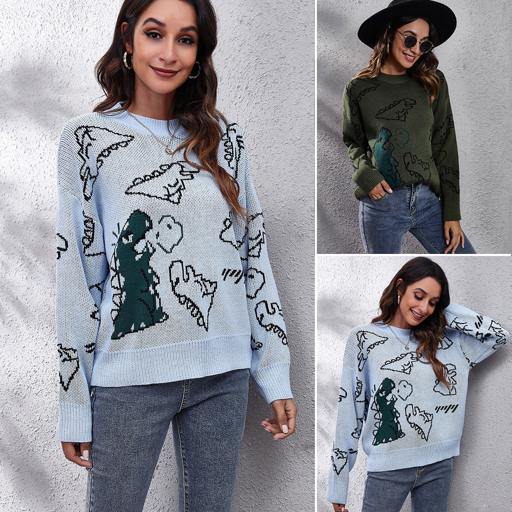 Popular Dinosaur Cartoon Drop-Shoulder Long-Sleeve Knitted Sweater Women Loose Autumn Winter New  Women  Clothing