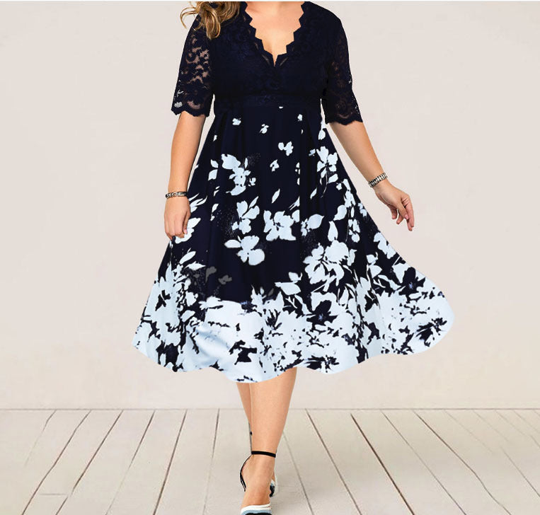 Dress Printed V-neck Lace Stitching Banquet Party plus Size Women Clothing Dress