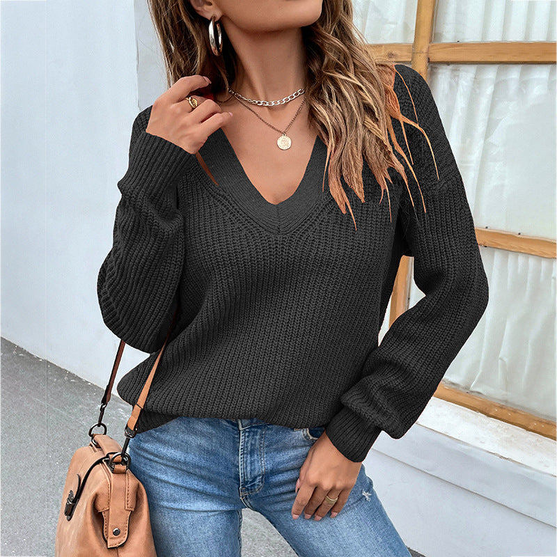Solid Color V-neck Pullover off-Shoulder Sexy Knitwear 2022 Autumn Winter Sweater for Women