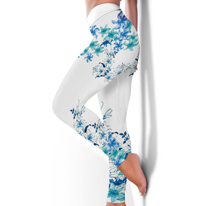 Sportswear Blue Floral Fitness Clothes High Elastic Hip Raise Skinny Trousers Yoga Clothes for Women