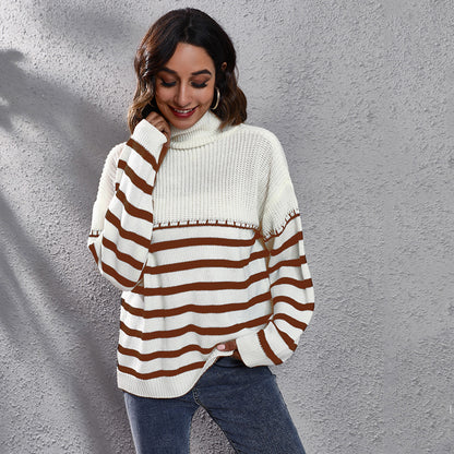 Big Brand  Same Style Striped Stitching Drop Shoulder Turtleneck Knitting Sweater Women  Loose Autumn Winter New Women  Clothing