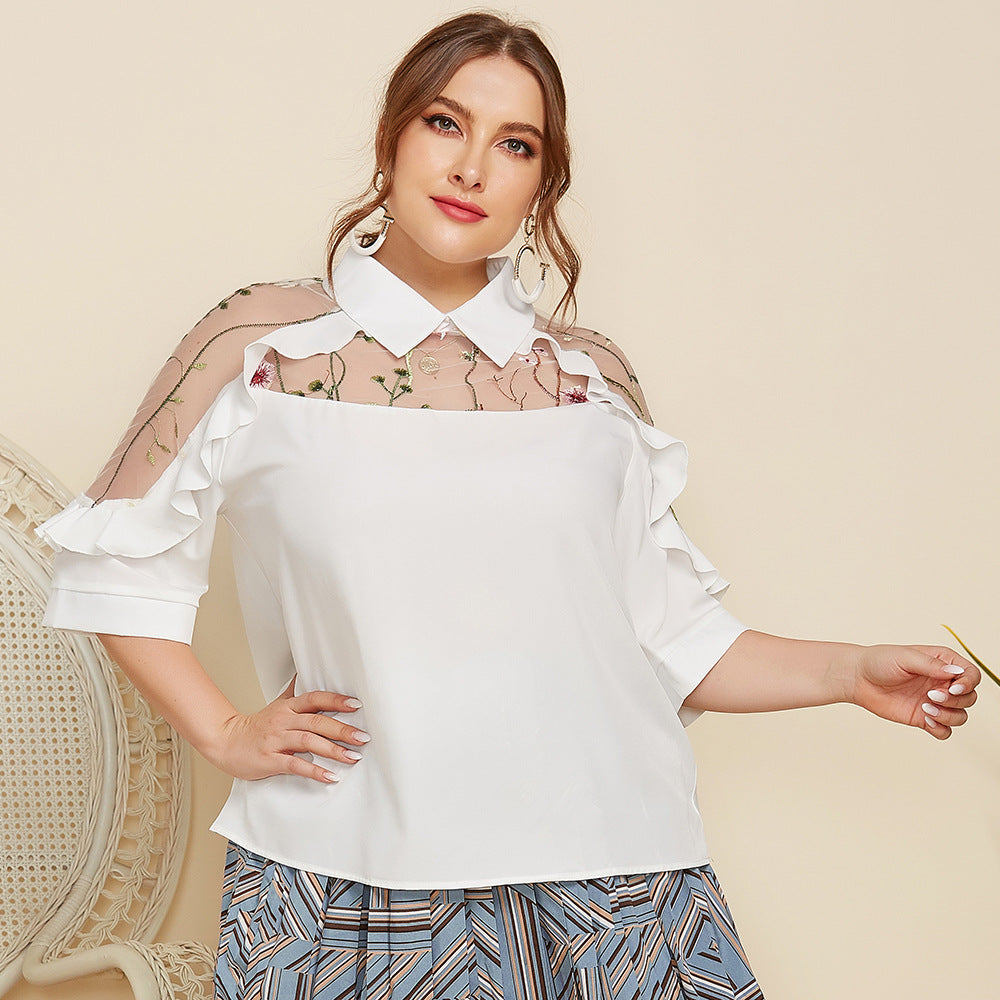 plus Size Women Clothing Elegant Lapel See-through Embroidered Stitching Wooden Ear Half Sleeve Shirt