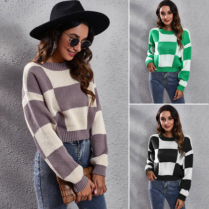 Chessboard Plaid Drop-Shoulder Long-Sleeve Short Loose Knitted Sweater Women  Plaid
