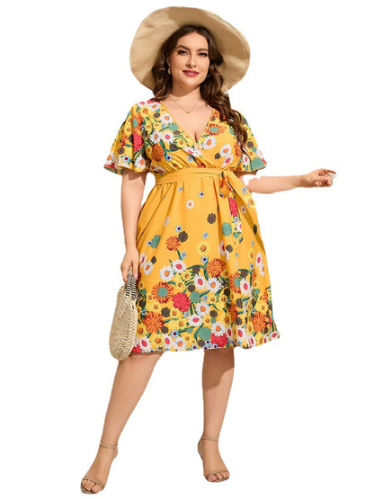 Ladies Plus Size V-neck Short-Sleeved Lace Printing Casual Holiday Mid-Length Dress