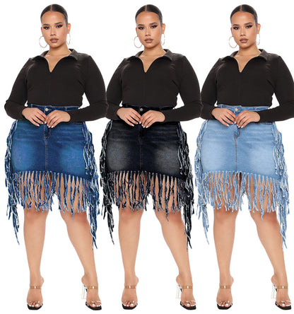 Plus Size Women Clothes Spring  Denim Skirt with Tassel