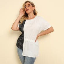 Load image into Gallery viewer, Women  Urban Casual round Neck Striped Stitching Irregular Hem Long Short-Sleeved T-shirt