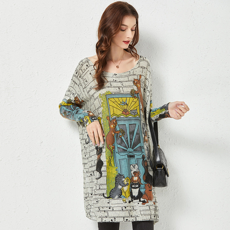 Cartoon Printed Sweater Women Loose Outer Wear Idle Style Temperament Top Mid-Length Bottoming Knitwear