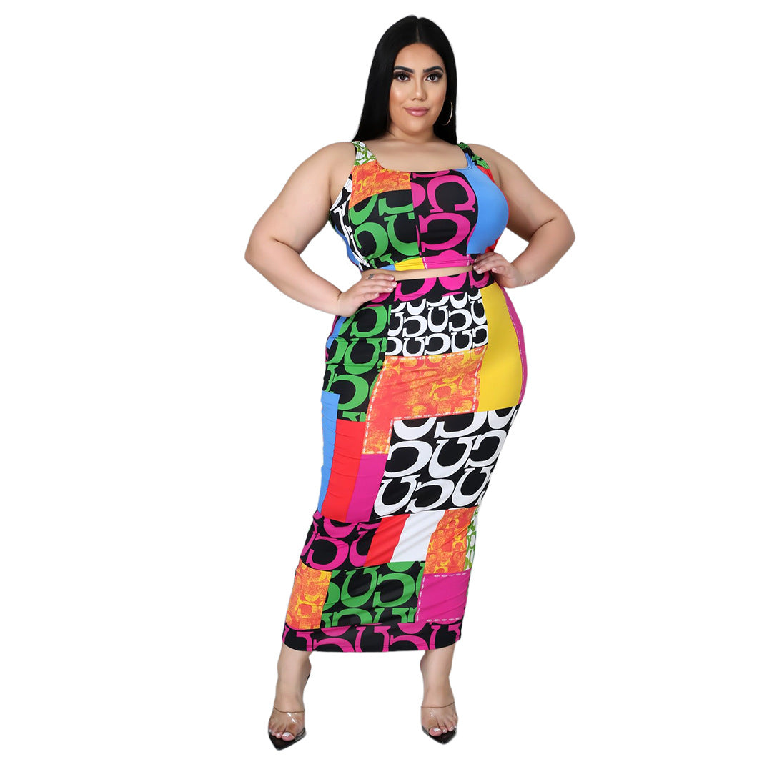 plus Size Women Leopard Print Letter Graphic Print Vest Split Skirt Suit