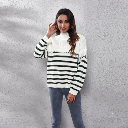 Big Brand  Same Style Striped Stitching Drop Shoulder Turtleneck Knitting Sweater Women  Loose Autumn Winter New Women  Clothing