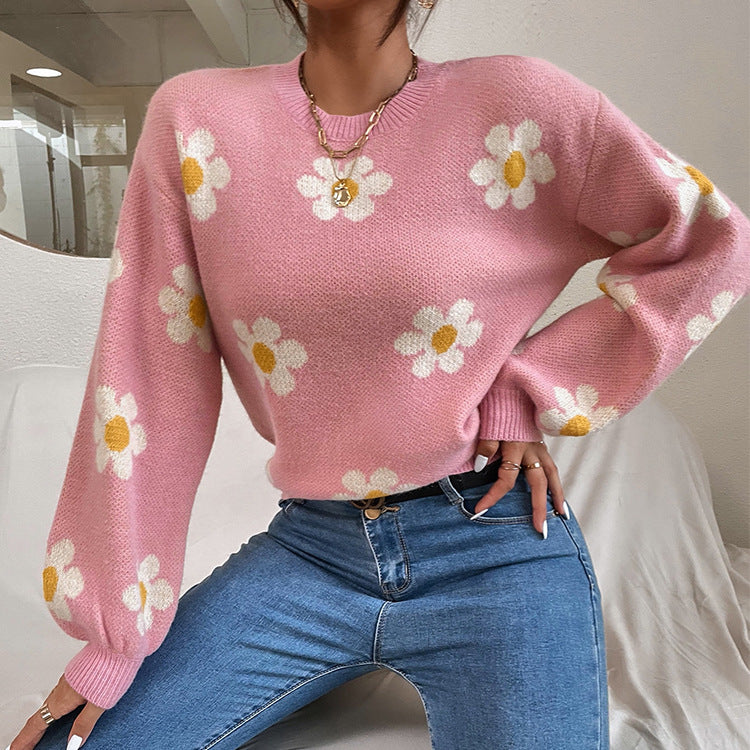 Autumn Winter Pullover Sweater Women Short Top 2022 Preppy Style Floral Knitted Coat Loose