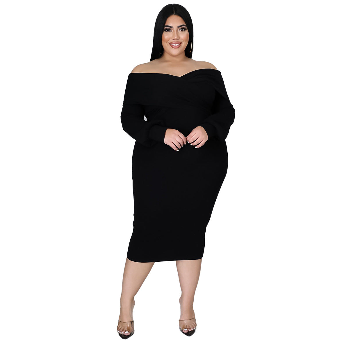 Woman plus Size Women V-neck Solid Color Midi Dress Sexy Dress