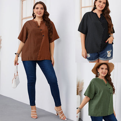 Style Striped plus Size Women Clothes Short Sleeve T-shirt Plump Girls Women
