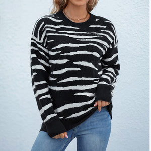 Neck Pullover Zebra Pattern Knitwear 2022 Autumn Winter Sweater for Women