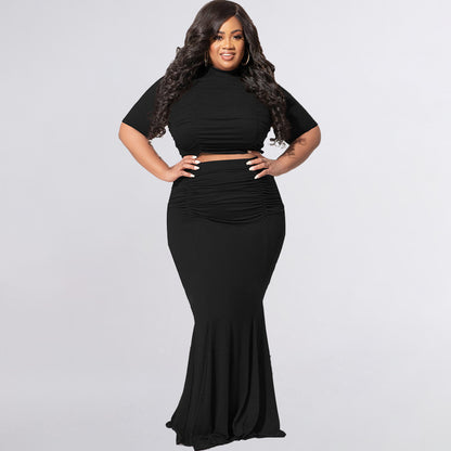Solid Color Short Sleeve Casual Two-Piece Suit Plus Size Women Suit